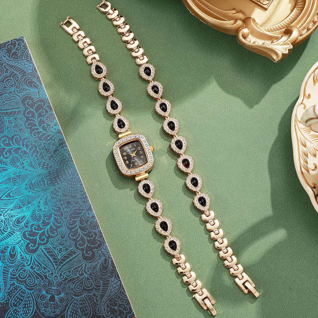 New Fashion Small Square Full Diamond Quartz Women's Strap Jewelry Bracelet 2-piece Set, No Gift Box