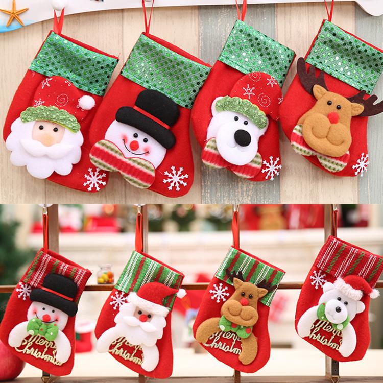 Mini Christmas Stocking Gift Bag Cartoon Santa Snowman Elk Bear Sequin Xmas Sock Ornament Tree Hanging Decor