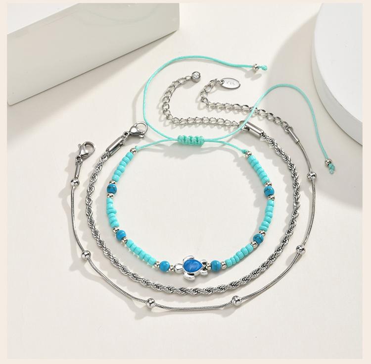 Layers Anklet Set for Women Twisted Chain Teal Turtle Charm Stainless Steel Non-tarnish Foot Bracelet Adjustable
