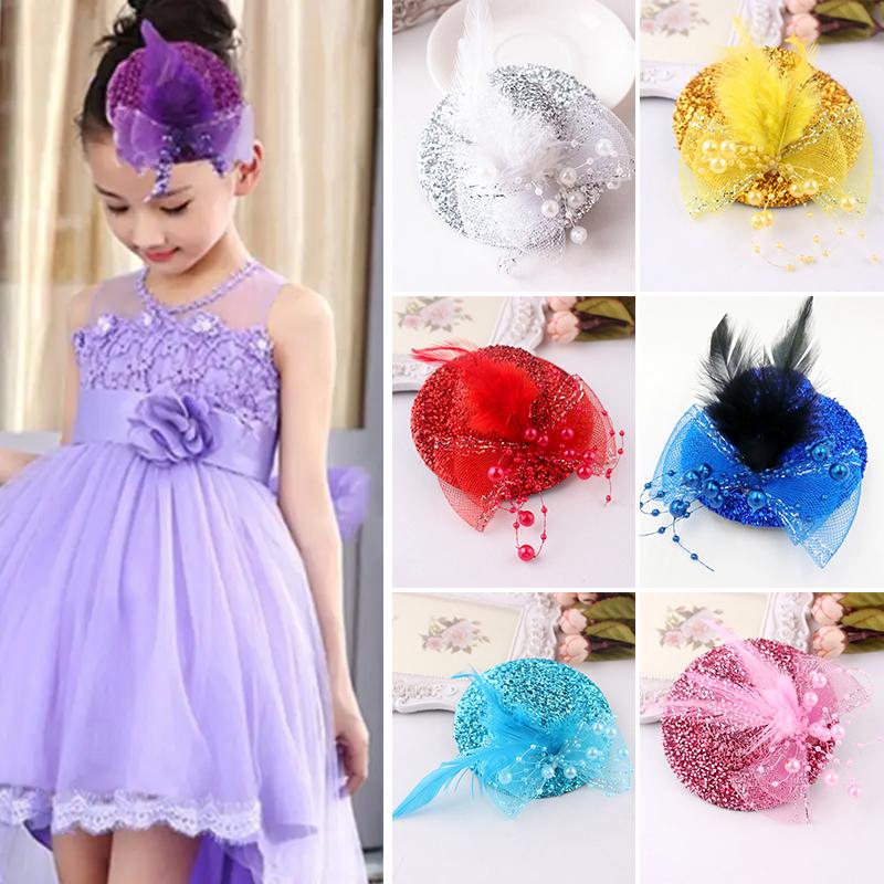1Pc Headwear Hair Accessories Fascinator Hat Feather Flower Girl Pearl Beaded Decor Hair Clips Children's