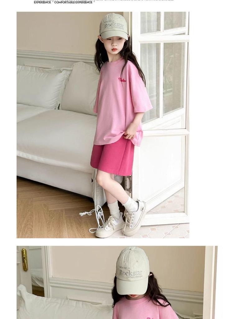 Summer 2026 Girls' Cartoon Print Two-Piece Set: Casual Loose T-Shirt and Shorts