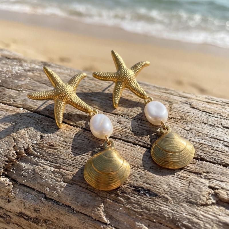 Bohemian Starfish Pearl Drop Earrings Vintage Gold Beach Jewelry For Women Summer Vacation Accessories