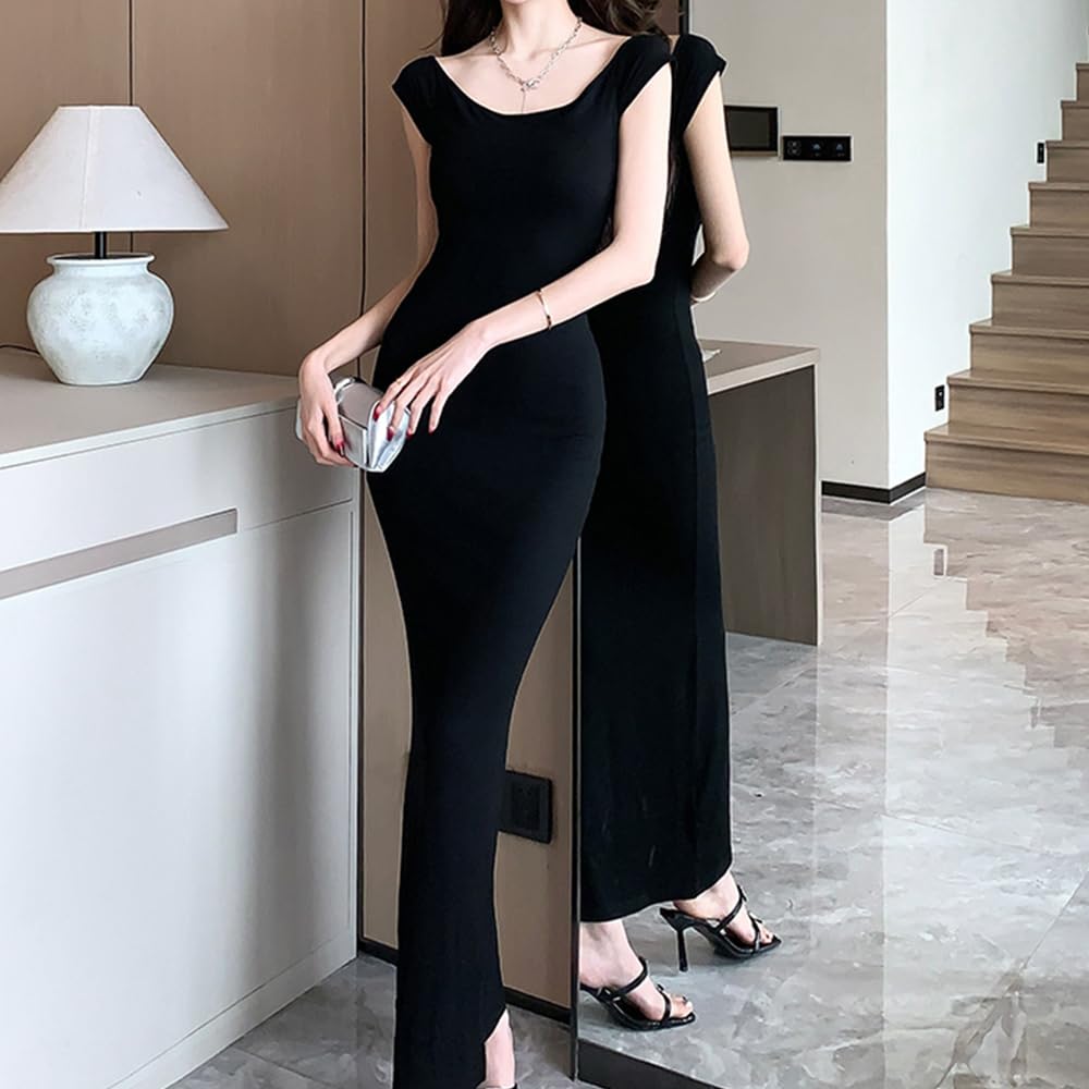 BEYANE Long Cabaret Tight Petite Party Stretch Club Cute Ribbed Maxi Length Dress, Dress, Off-the-Shoulder, Fit, Dress, Black, Long, Off-the-Shoulder,