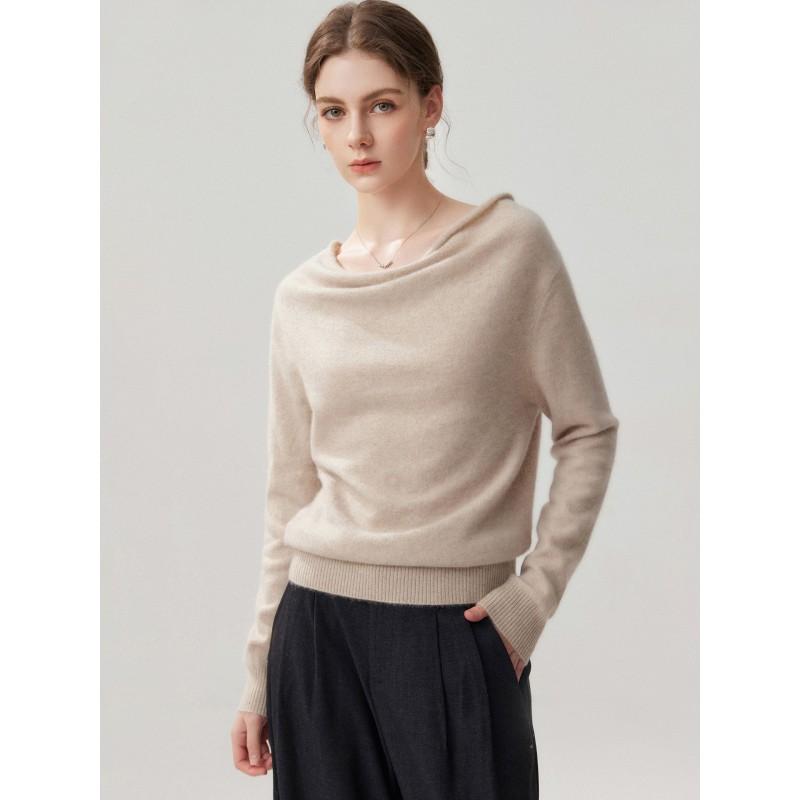 Womens Cashmere Blend Sweater With Batwing Sleeves Loose Fit Turtleneck-Free Boat Neck Knit Top Winter