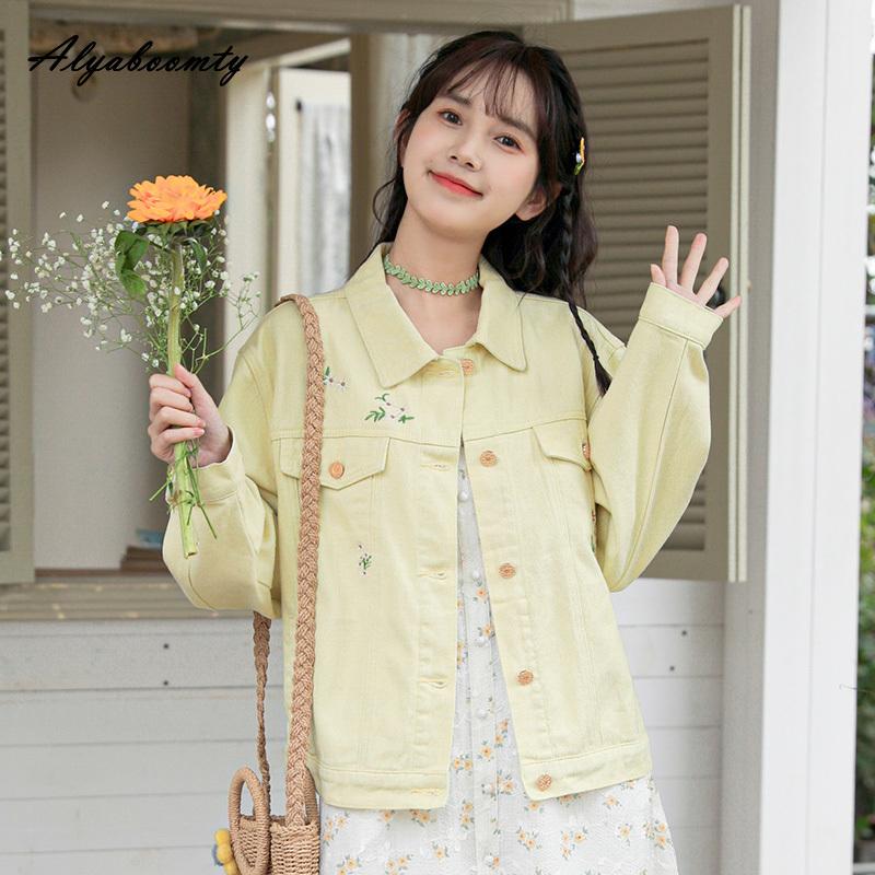 Korean Ulzzang Spring Autumn Women Denim Coat Turn-Down Collar Floral Embroidery Loose Jacket Sweet All Match Girl's Outerwear