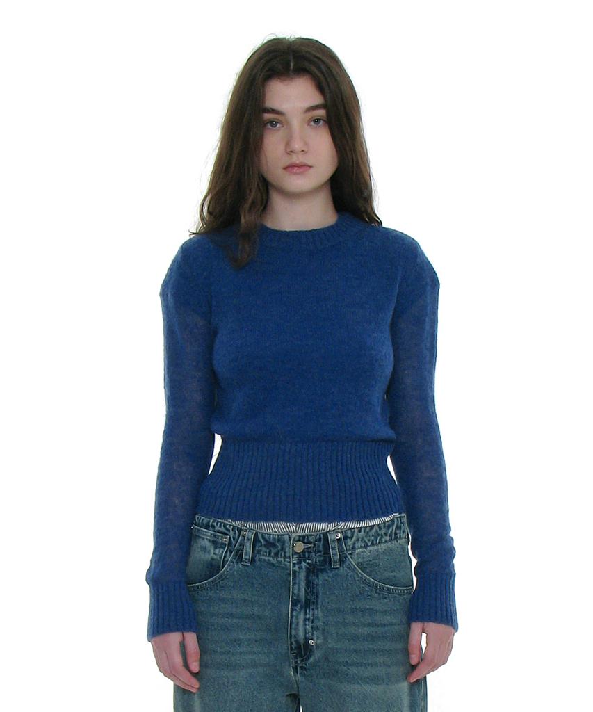 PARTIMENTO WOMEN Sheer Wide Rib Knit Crewneck_Blue