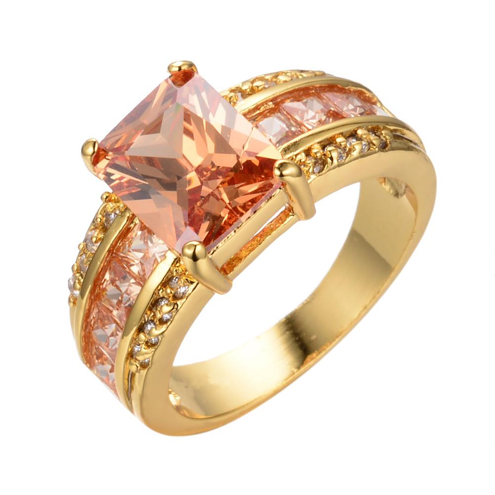 Fashion Exquisite Rectangle Cut Champagne Stone CZ Ring Yellow Gold Color Engagement Princess Love Ring Wedding Band Ring Valentine's Day Gift