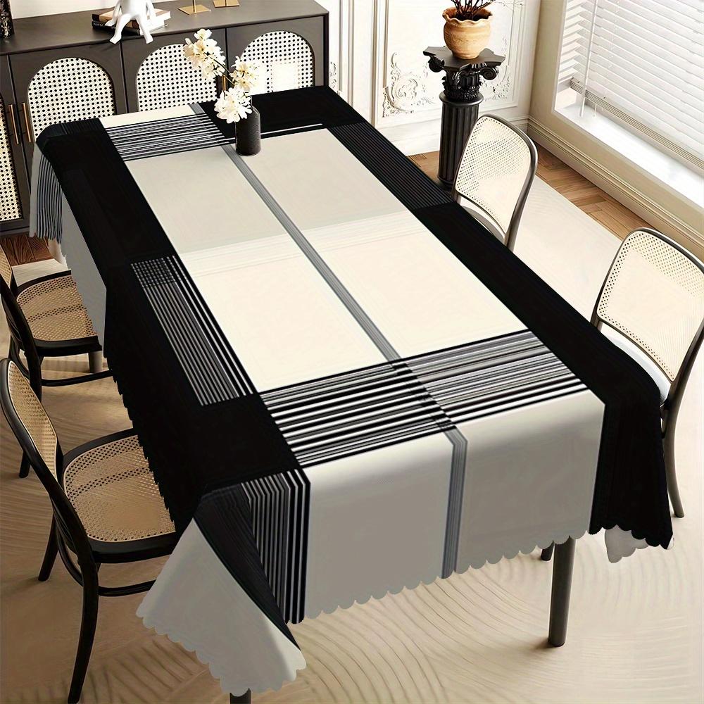 1 stuks Zwart Wit Geometrisch Bloemig Rechthoekig Tafelkleed met Golvende Rand, Polyester, voor Huis Eetkamer Keuken Hotel Feest Decoratie 90x140cm