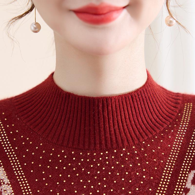Chic Autumn/Winter Velvet-Lined Half-High Collar Warm Sweater for Stylish Middle-Aged & Elderly Women