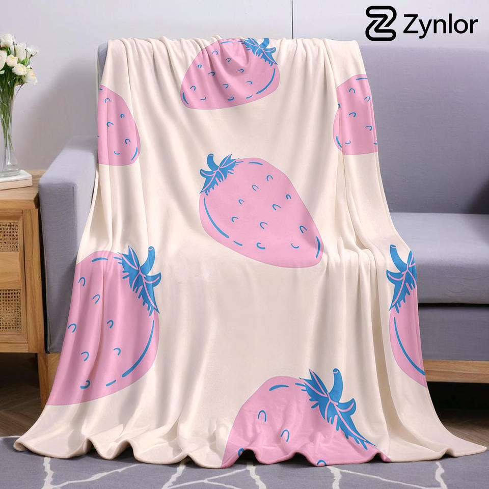 Blush Strawberry Cartoon Anime Print Flannel Blanket Soft Warm Throw for Kids Bedroom Sofa Bed Christmas Office Car