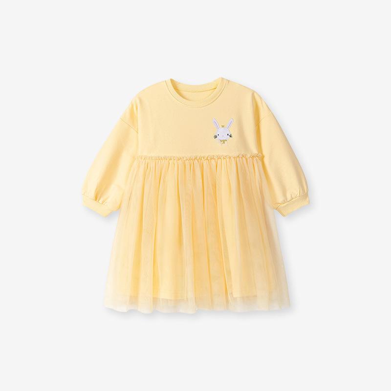 Girls Mesh Dress Spring Autumn Clothes Children's Princess Dresses Cartoon Cotton Yellow Skirt for 2-7 Years Old