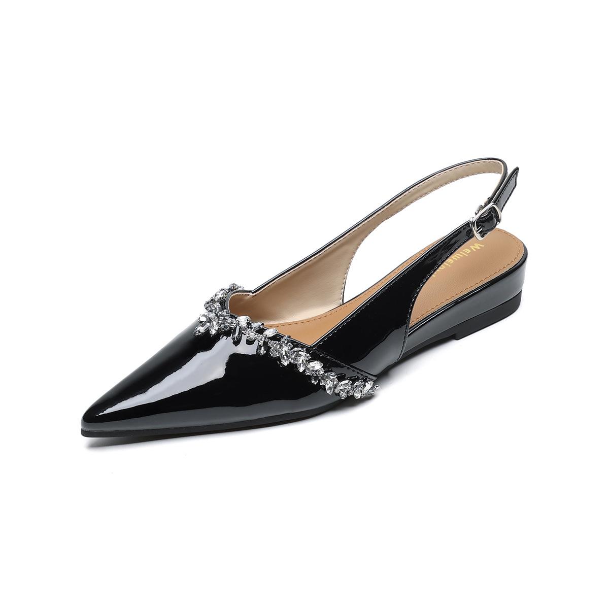 

Pointed single shoes women s nude patent leather word with summer rhinestone bag head rear empty sandals women 43 чёрный
