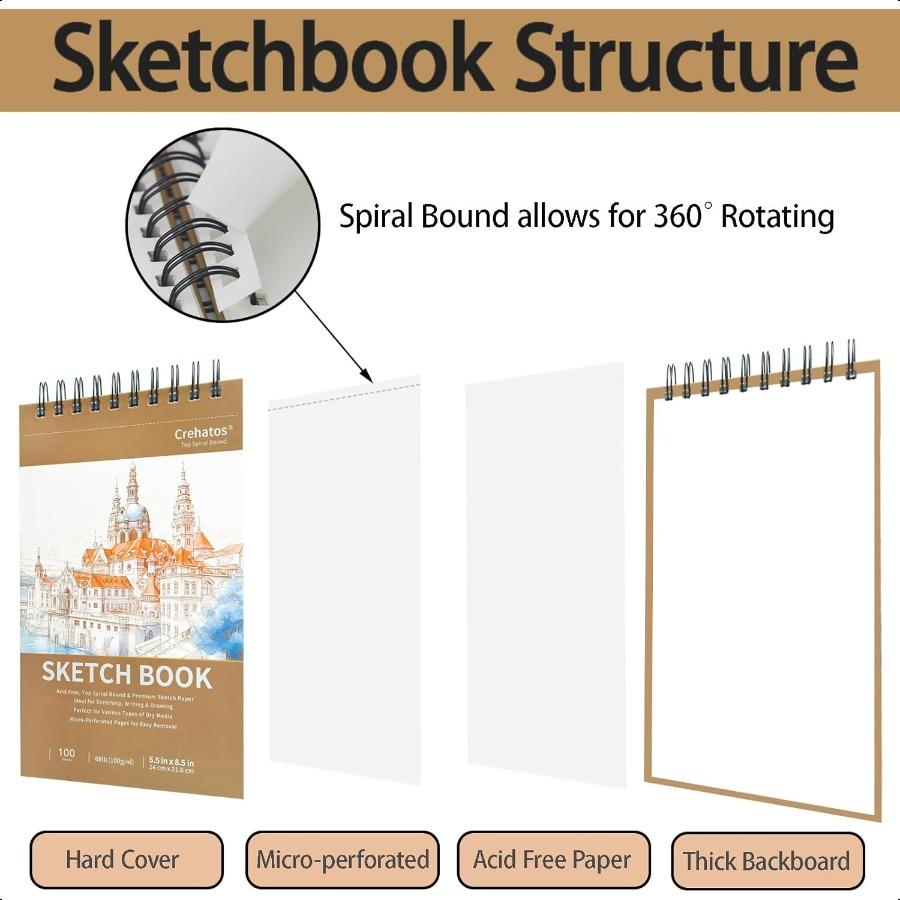 Crehatos 5.5 x 8.5 Sketch Book Top Spiral Bound Sketch Pad 100 Sheets Each 68lb 100gsm Drawing Paper 2 Pack