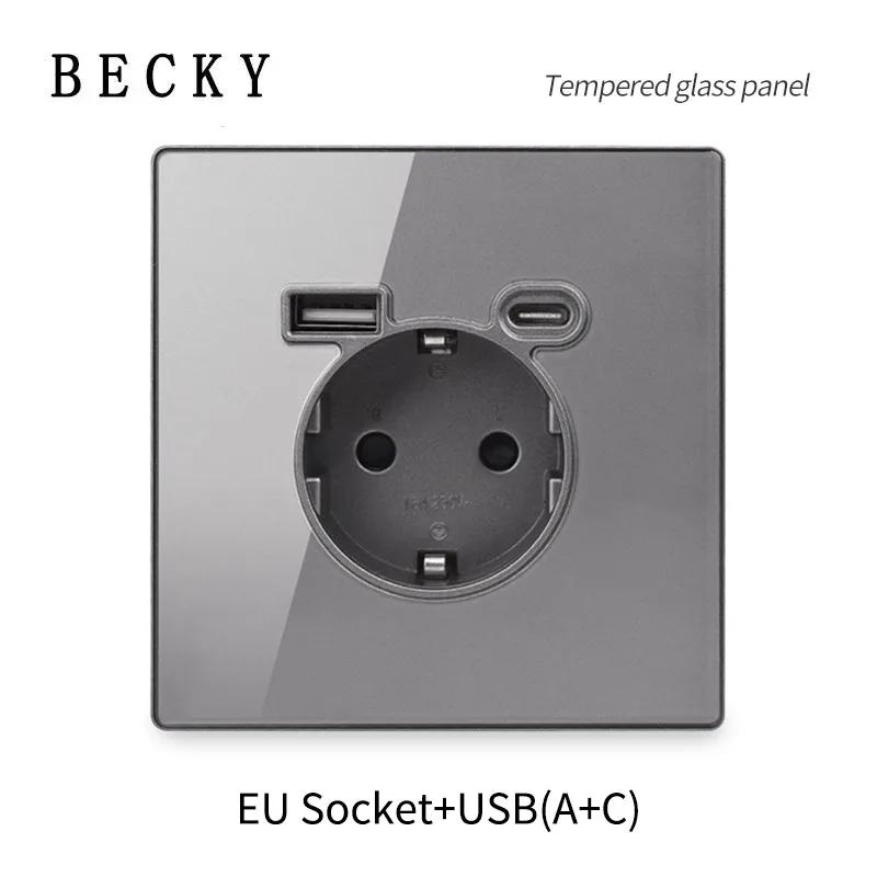 Gray Glass Wall Square Switch Panel EU UK Standard 16a Socket Large Panel Wall Light Switch Usb TypeC Socket Net TV Tel Socket