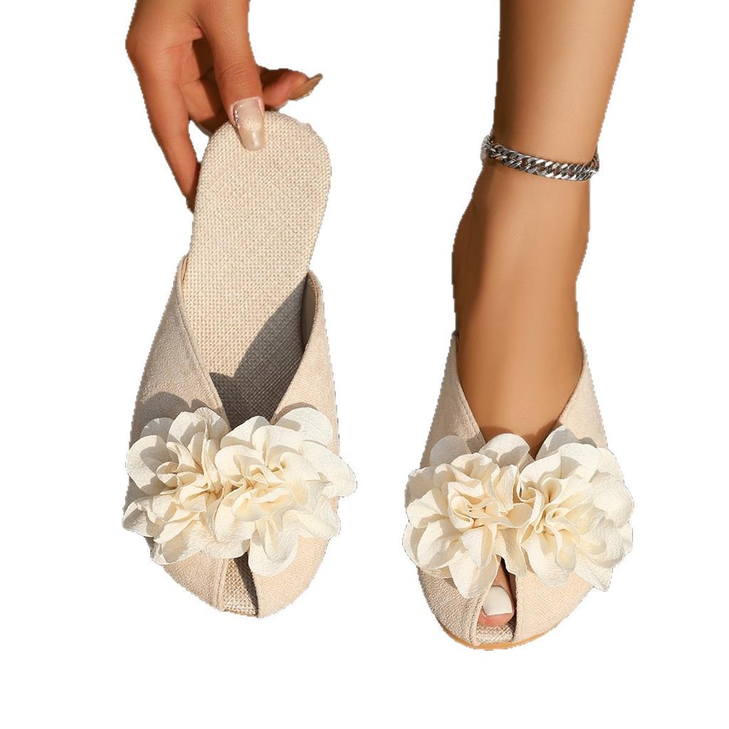 2025 summer hollow Korean version flat bottom outer wear half slippers women's flower casual bag head solid color slippers