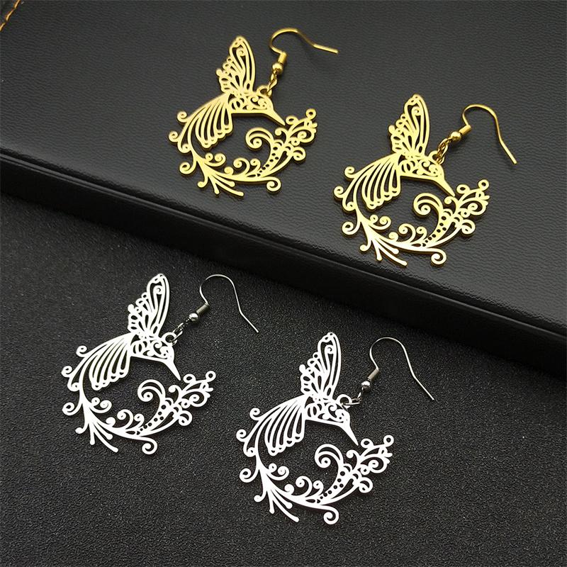 Stainless Steel Flower of Life Hummingbird Dangle Earring for Women Men Gold Silver Color Animal Birds Love Earrings Jewelry