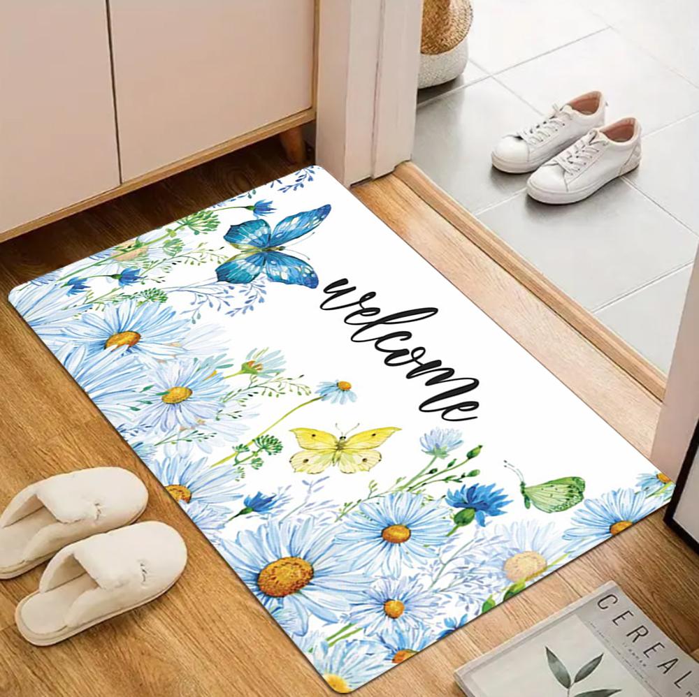 Watercolor Floral Butterfly Carpet Mat Rug "Welcome" Door Mat Non-Slip Floor Decor for Home Entrance Living Room Home Decoration