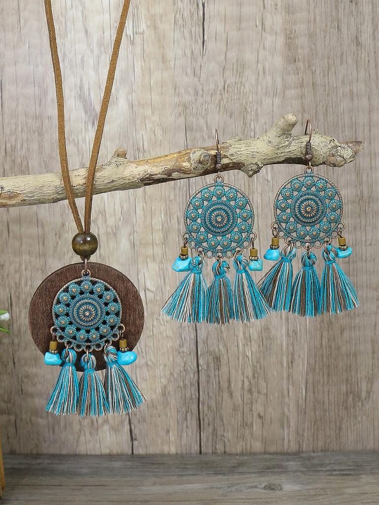 Bohemian style ethnic characteristic hollowed out carved pendant with tassel earrings necklace set combination