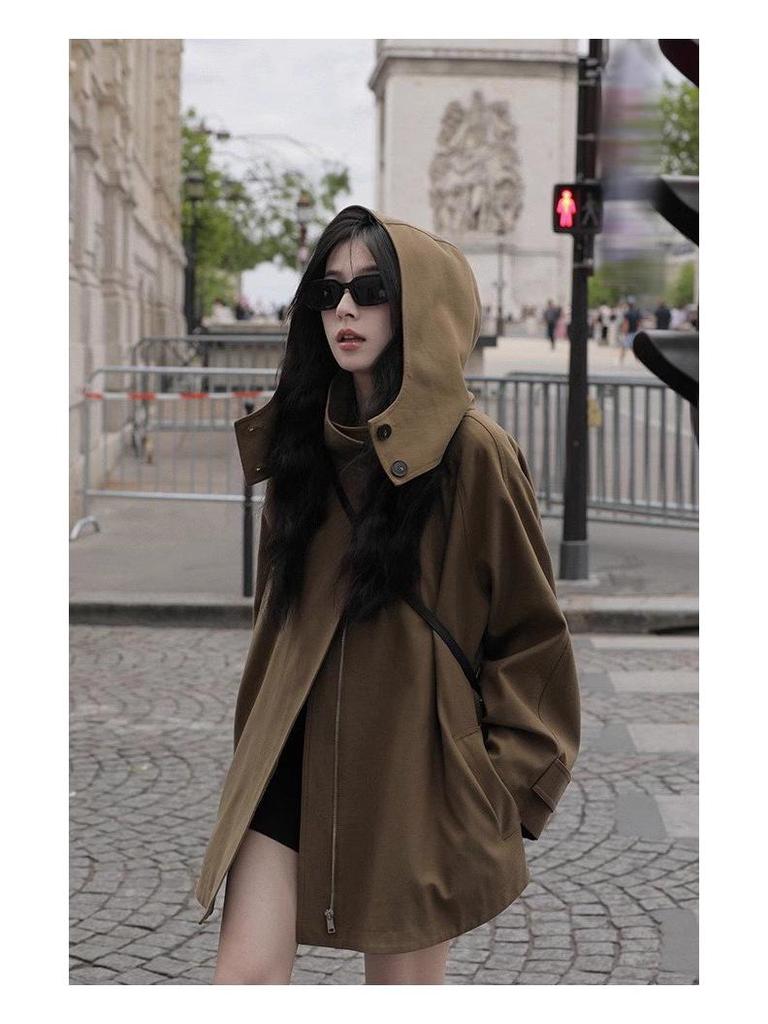 Women's British-Style Hooded Trench Coat: Autumn/Winter, Plus Size, Versatile, Trendy Loose-Fit Cape Design.