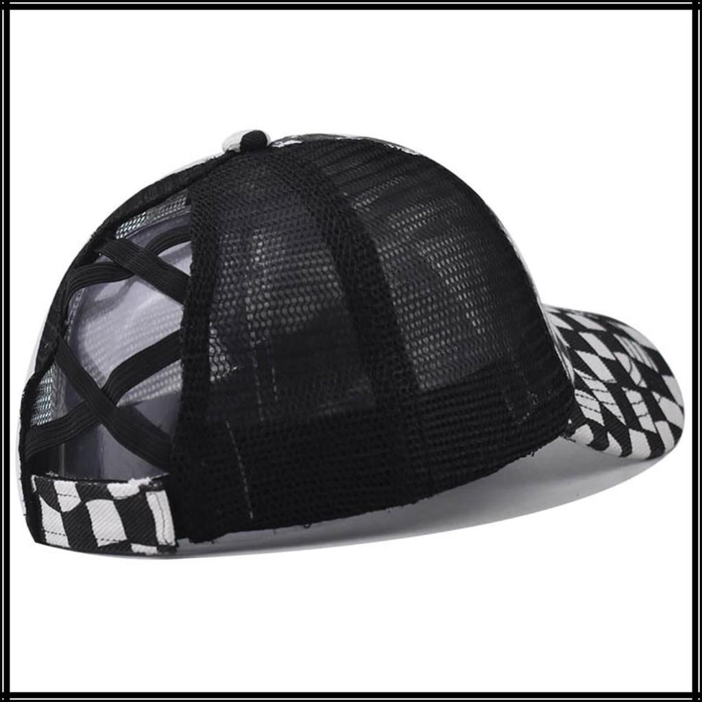 Baseball Checkered CZA463 [White Fang] Hat, Cap, Cap, Mesh, Pattern, Breathable, Adjustable, Casual, Men's, Women's, (Black)
