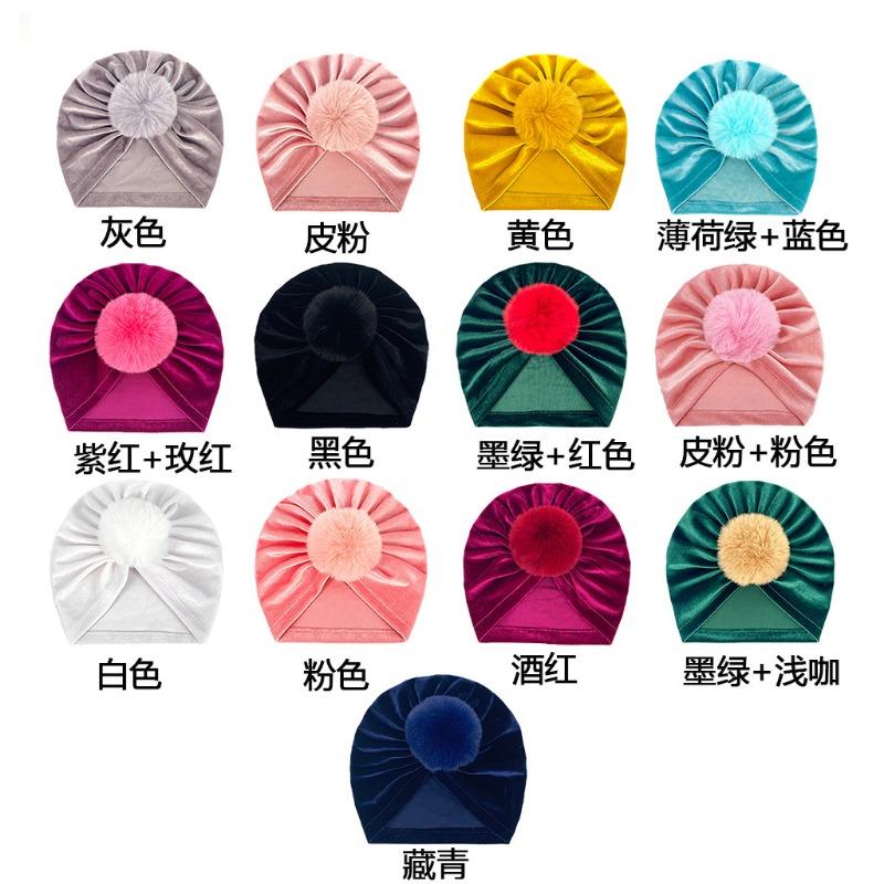 

Winter Golden Velvet Hairball Cap Autumn Popular Infant Warm Hat Babyhat Dome Baby
