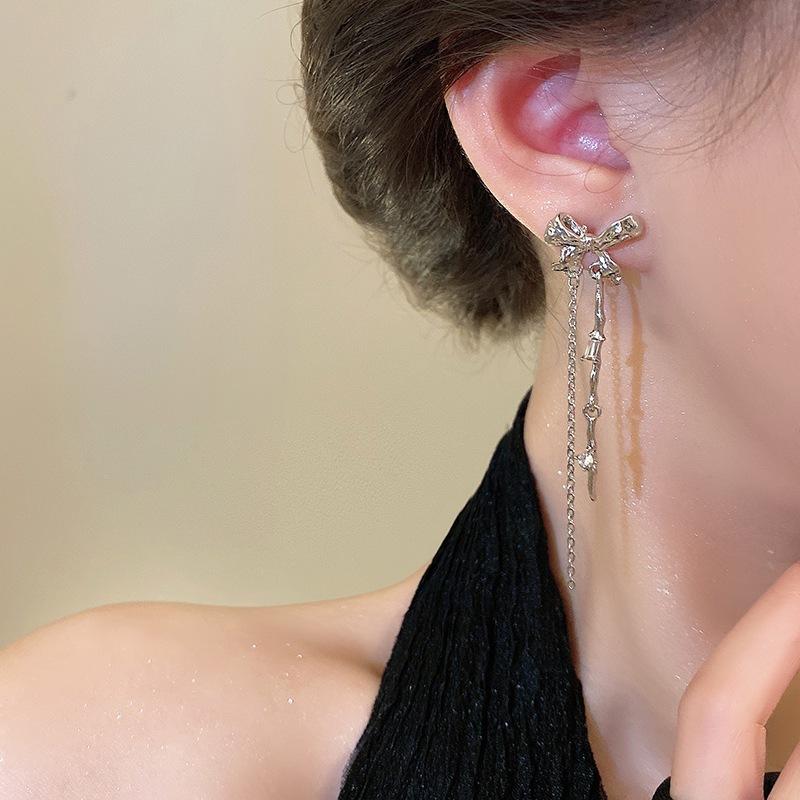 Silver needle bow fringed earrings women's niche design cold wind earrings temperament earrings