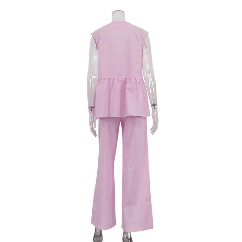 Summer Chic Women'S Set Solid Color Cotton Linen Two Piece Set Fashion Ruffles Sleeveless Tank Top With Wide Pants Outfit Female