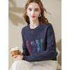 TUHUANG Women's Pure Wool Embroidered Round Neck Sweater