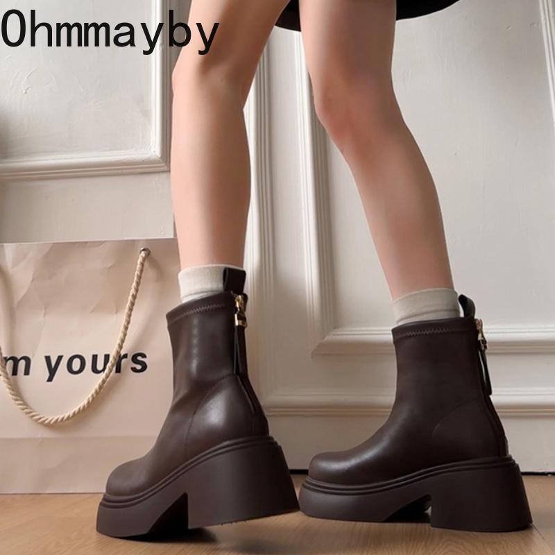 Retro Chunky Heel Women Ankle Fashion Round Toe Zippers Autumn Winter Mordern Short Botines Para Mujeres