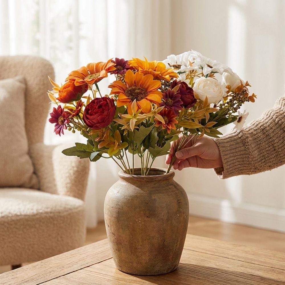 Rustic Fall Autumn Sunflower Peony Bouquet UV Resistant Silk Fake Peony Flowers Living Room Decor
