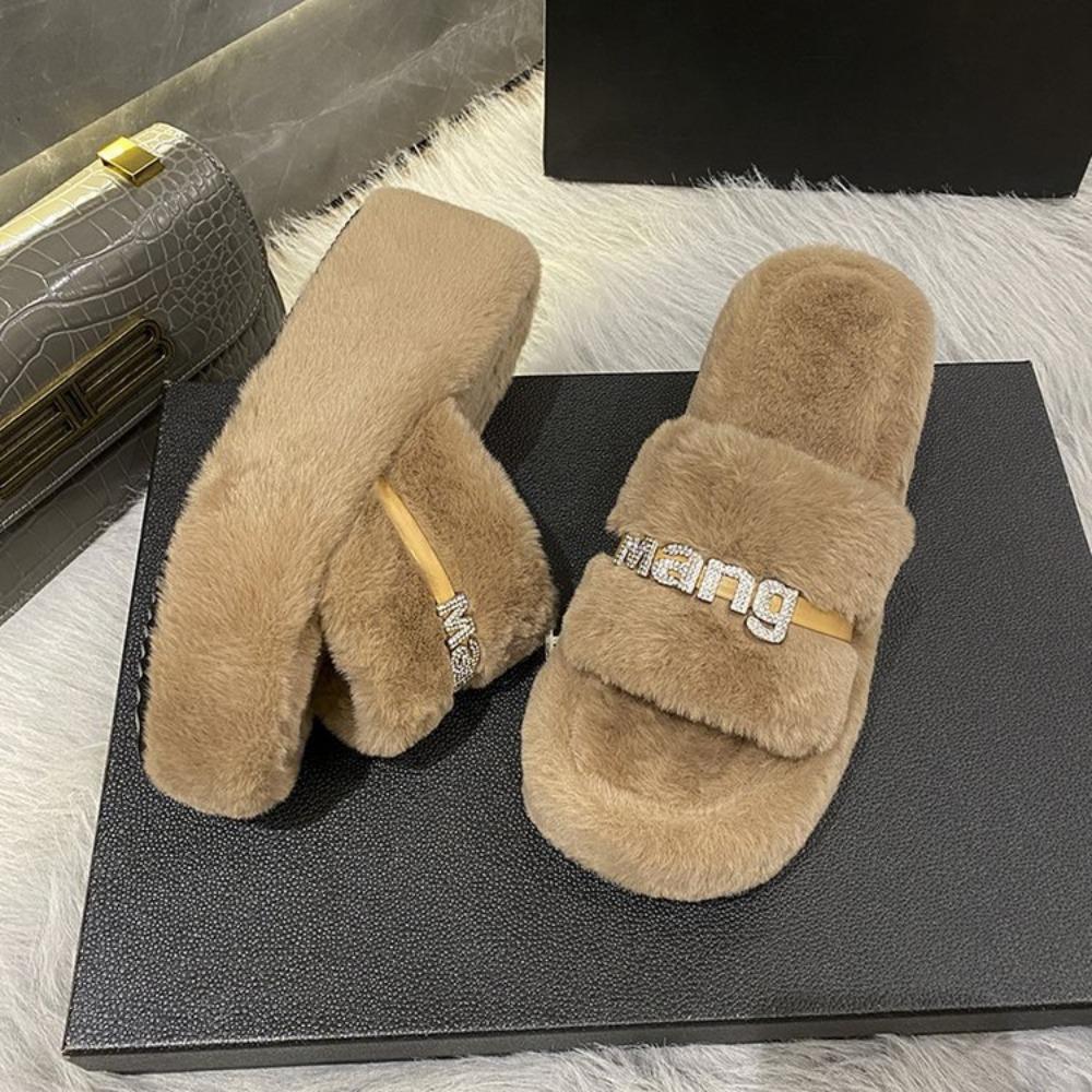 Mode Zuhause Fellige Fell-Pantoletten Plüsch-Hausschuhe Flauschige Flip-Flops Luxus Slipper Plateau Damen Modeschuh 2024 Zapato De Mujer Designer