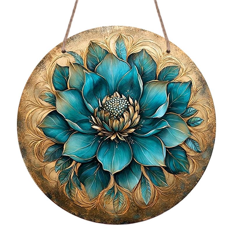 2D Flat, 1pc Retro Turquoise Flower Mosaic Round Wall Art, 2D Aluminum Sign with Golden Accents Frameless, Perfect for Home Decor, Balcony, Rustic