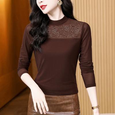 Neuer Winter Slim und Vielseitiger Halboher Kragen Einfarbig Bügel Diamant Langarm Mesh Basic Shirt Damen T-Shirt Top