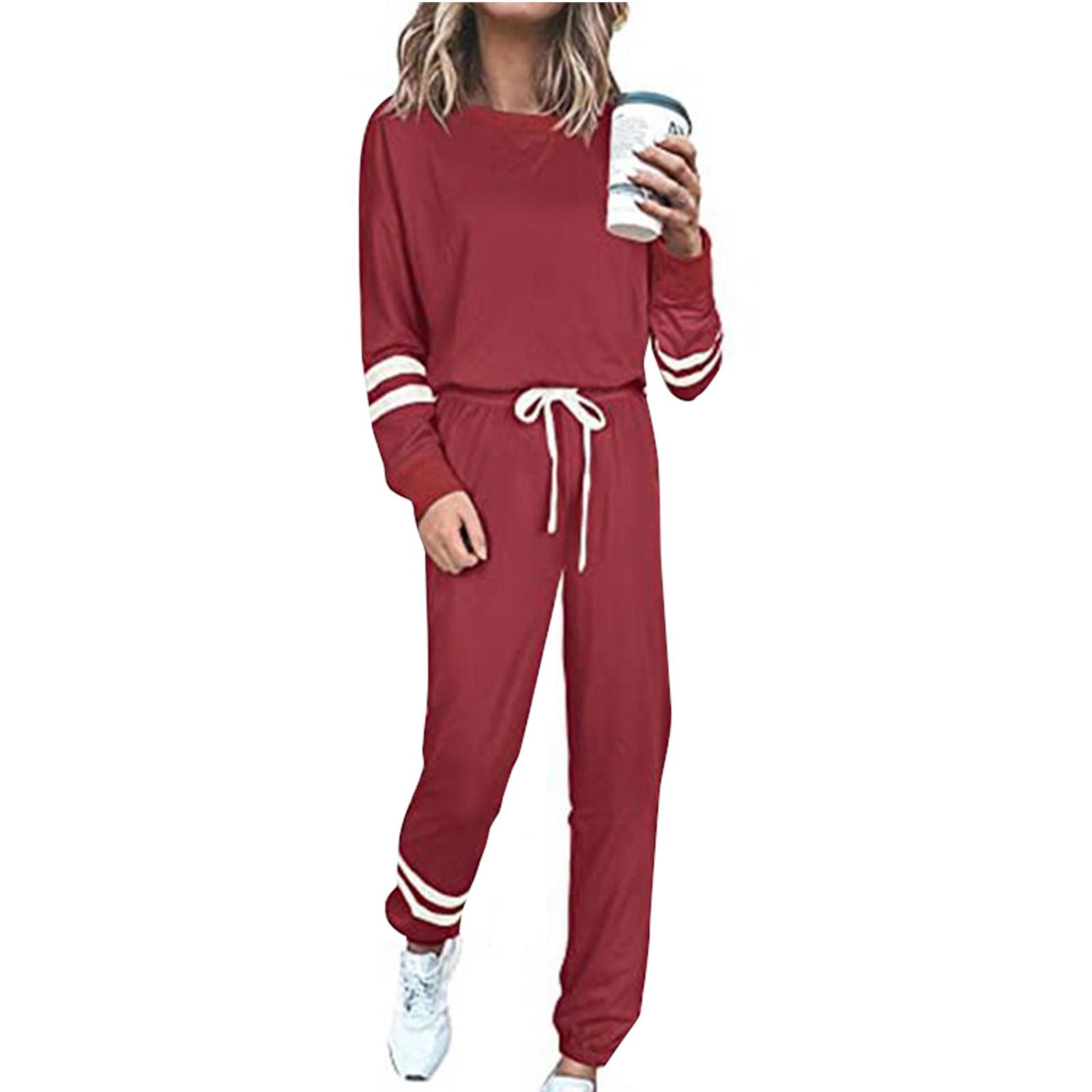 

Женский свободный пуловер с круглым вырезом, повседневный модный костюм с длинными рукавами и длинными брюками XL красный