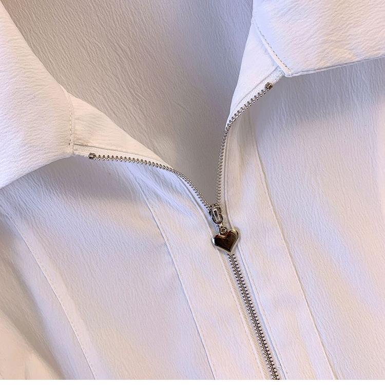 Plus Size Double Zipper Square Collar Structured Shoulder Short Sleeve Top Elegant Waist Slimming Shirt For Curvy Women Summer