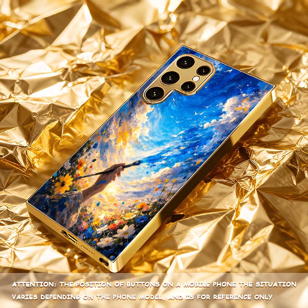 Painting Sky Protective Cover High-end Electroplating Glass PhoneCase for Samsung Galaxy S26 S25 S24 S23 S22 S21 FE,Ultra,Plus