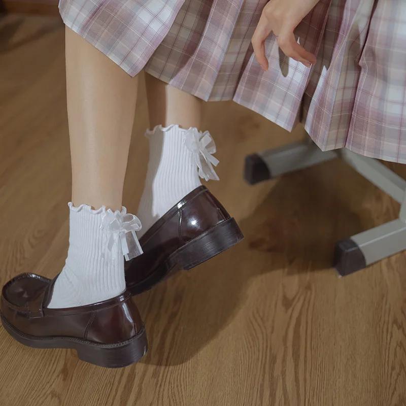 Lolita Fete Dulci Dantelă Fundă Volan Șosete Japoneze Kawaii Șosete Drăguțe Femei Șosete Negre Albe Costume JK 2 Culori 1 Pereche