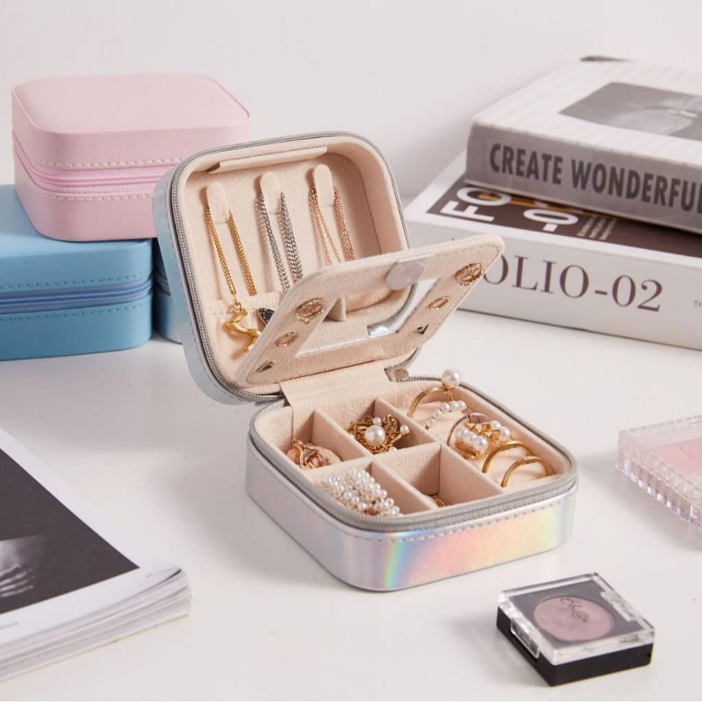 Caja de Joyería Clásica de Cuero Con Espejo Para Guardar Pendientes y Anillos