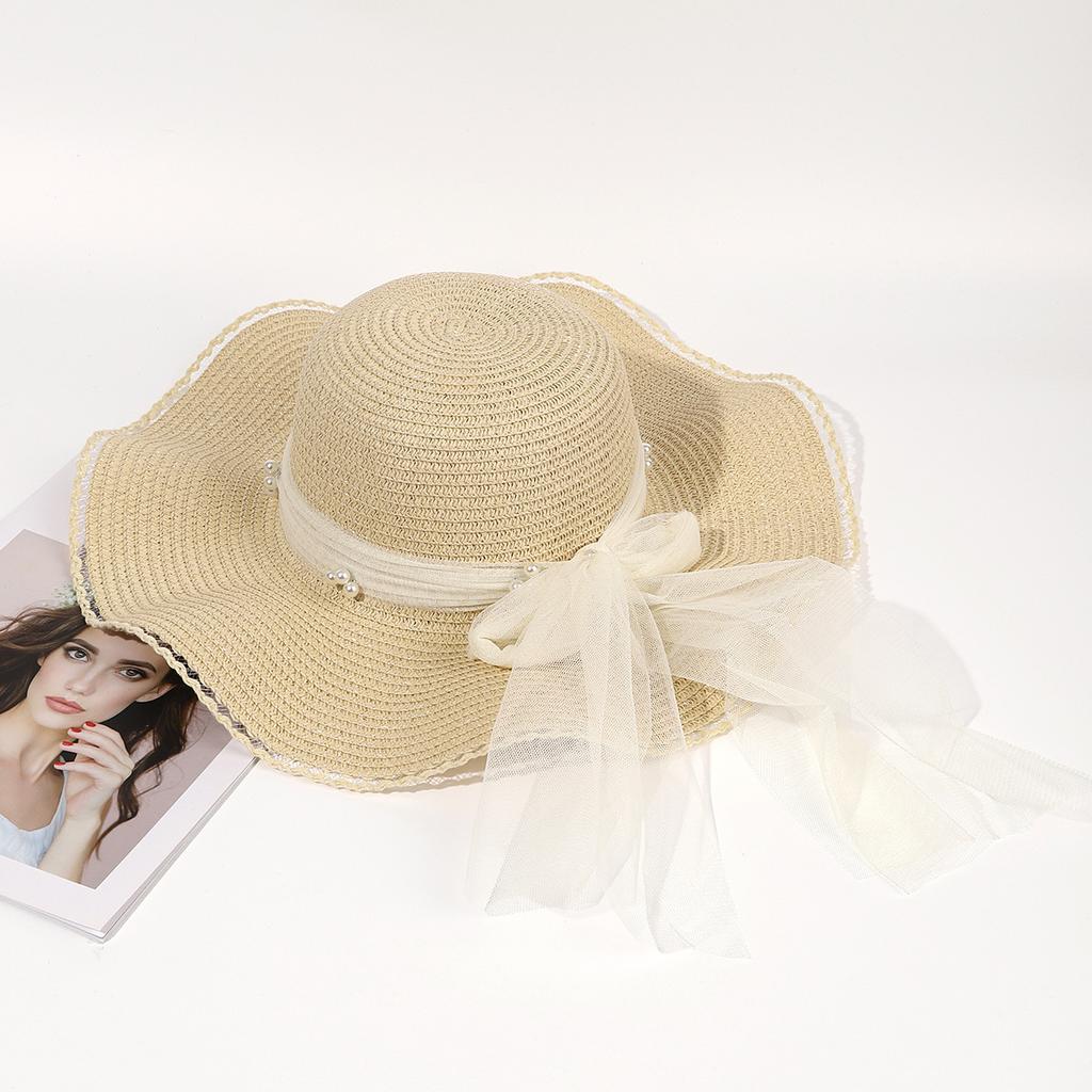 Lace pearl bow straw hat women's summer seaside beach vacation sunshade sun hat wide brim sunshade