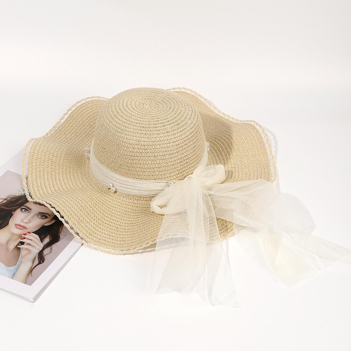 

Lace pearl bow straw hat women s summer seaside beach vacation sunshade sun hat wide brim sunshade Adjustable бежевый