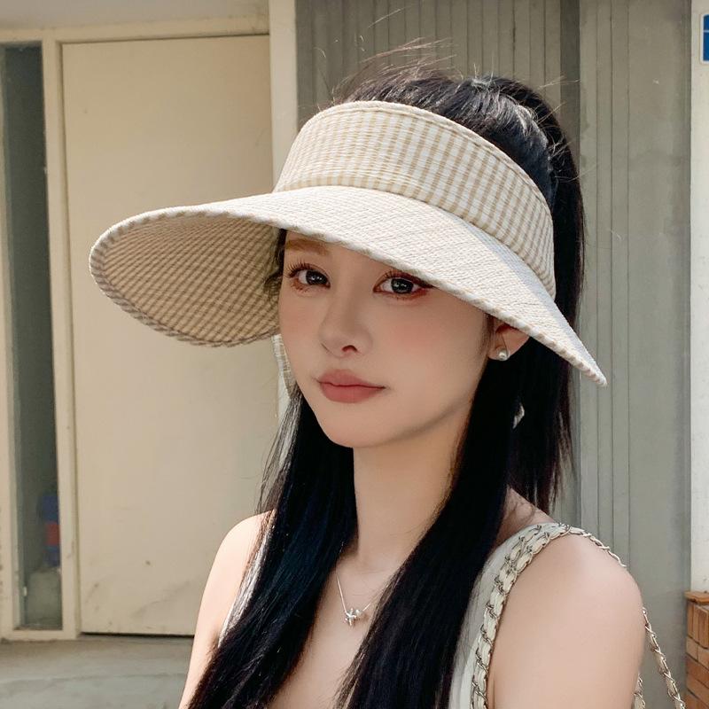 Summer sunscreen hat women's outdoor fresh plaid sun hat streamer bow large brim empty top hat