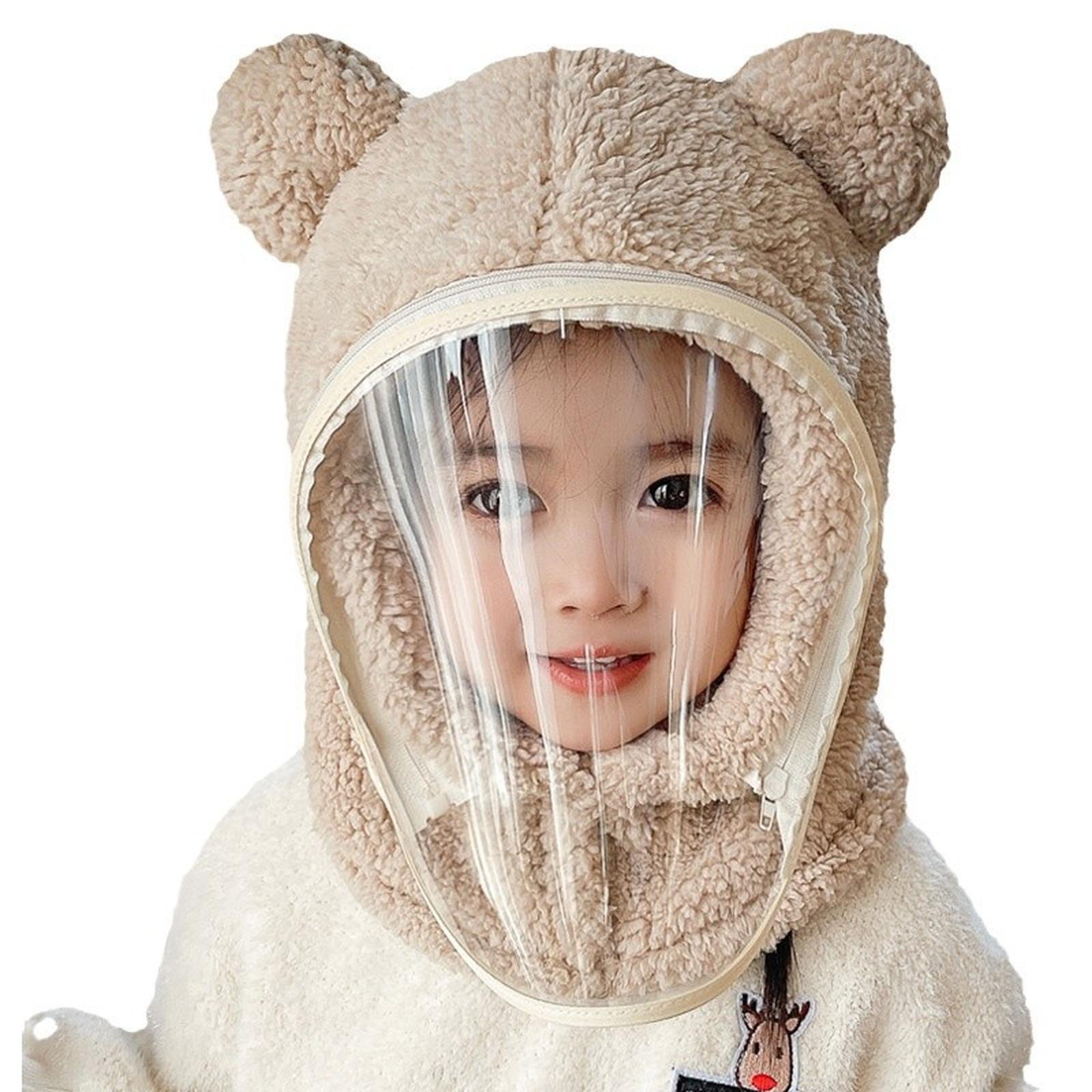 Kids Winter Hats Cute Bear Ears Fuzzy Warm with Detachable Windproof Face Mask Neck Warmer Kawaii Outdoor Hats one size бежевый