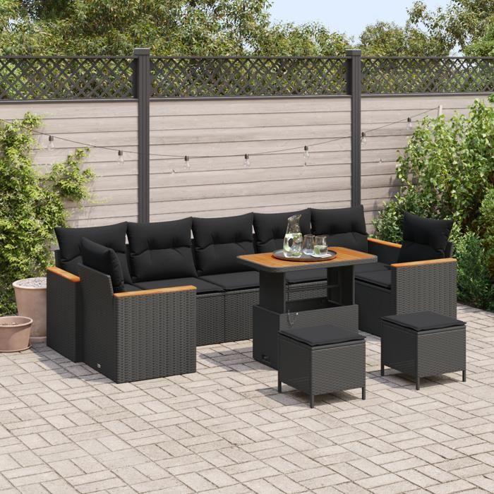 Ensemble de Canapé de Jardin 10 Pièces avec Coussins Noir Poly Rattan Acacia, Ensemble de Dîner de Jardin 3 Pièces 3364979