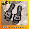 Delicate square buckle rhinestone flat bottom cool slippers beautiful one-word drag 2025 new summer wear premium slippers women