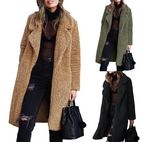 Women Winter Thicken Plush Lapel Solid Color Long Sleeve Warm Cardigan Midi