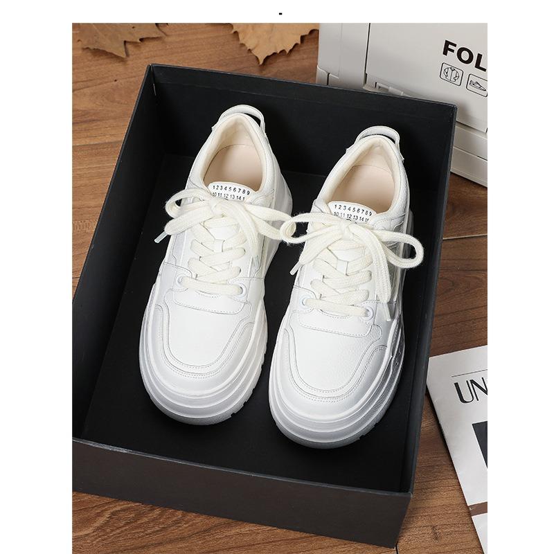 Cowhide version women's shoes round head thick sole heightening muffin shoes lace-up casual little white shoes women's board shoes casual shoes women