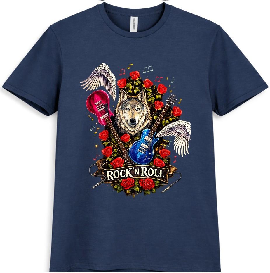 Wolf Rock N Roll T Shirt Guitar Roses Wings Music Graphic Vintage Tee