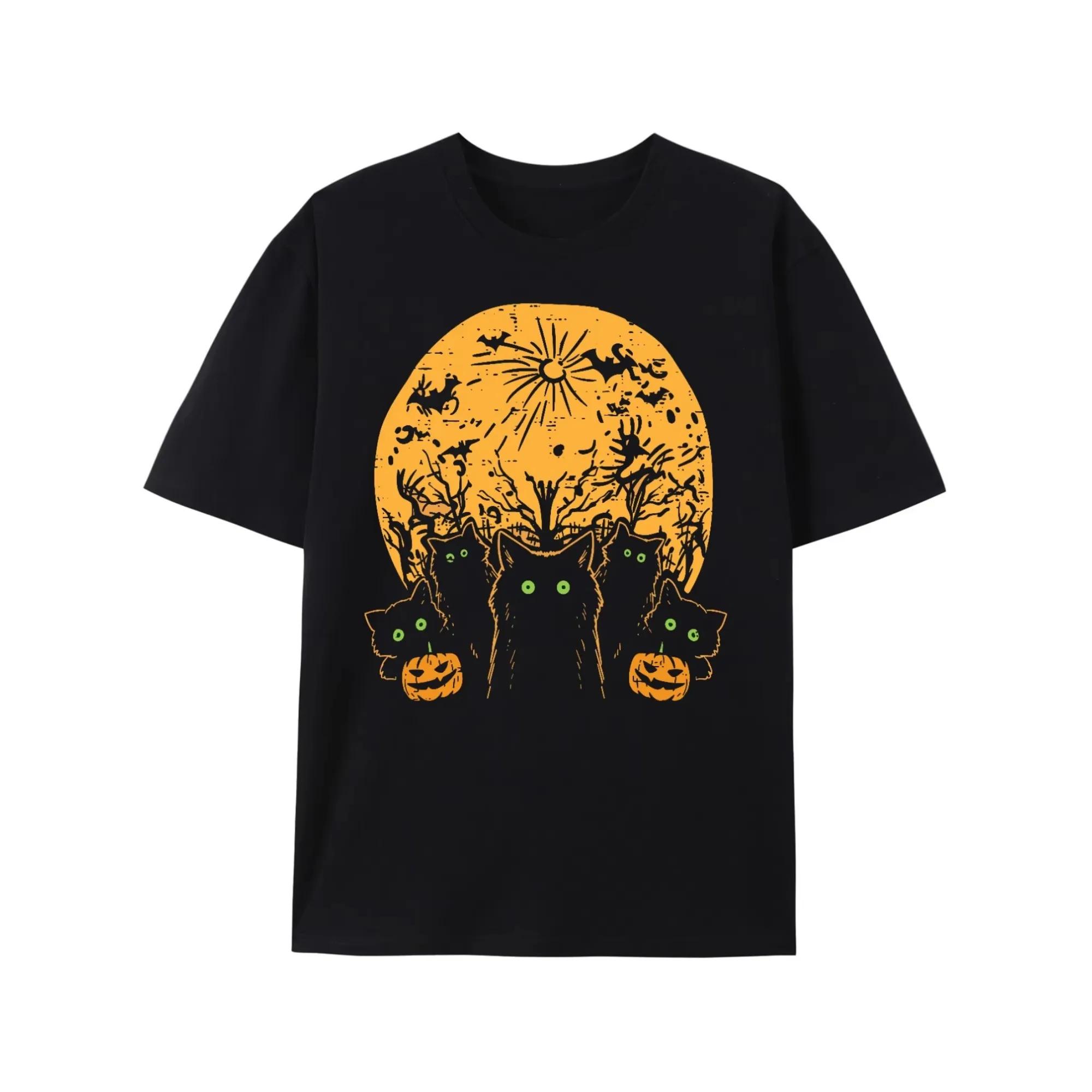 

Men s Halloween horror print 100% pure cotton short-sleeved T-shirt with a glowing black cat pumpkin pattern in the dark 4XL