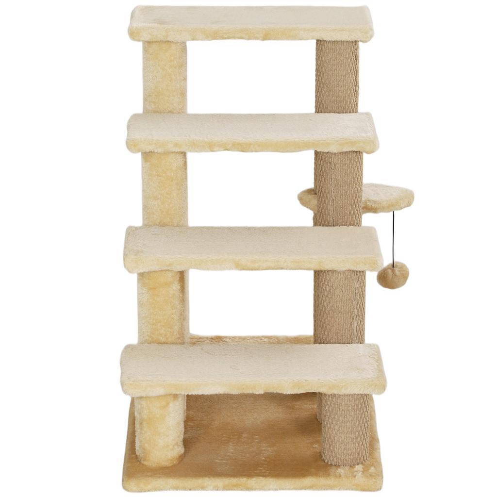 4-step Pet Stairs with Scratching Posts, Platforms, Toy Ball, Beige