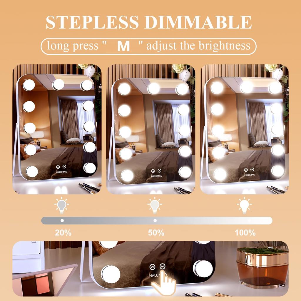 Actress Mirror, Tabletop Mirror, Hollywood Mirror, with 11 LED Bulbs, Three Color Lighting Modes, and Brightness Adjustment